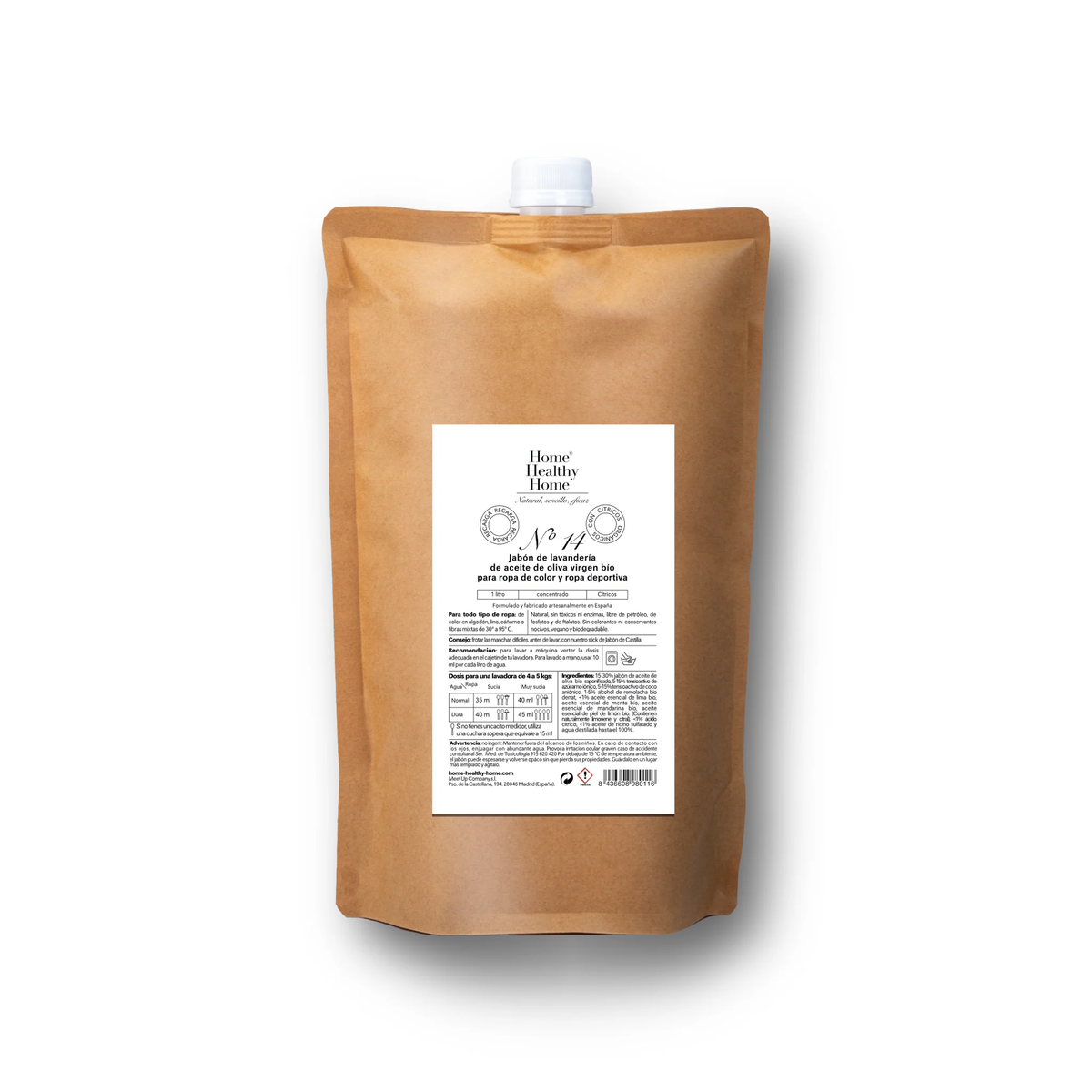 Jabón de lavandería para ropa blanca y de color Nº11, Eco Recarga 1L, HOME HEALTHY HOME - Nahia Home