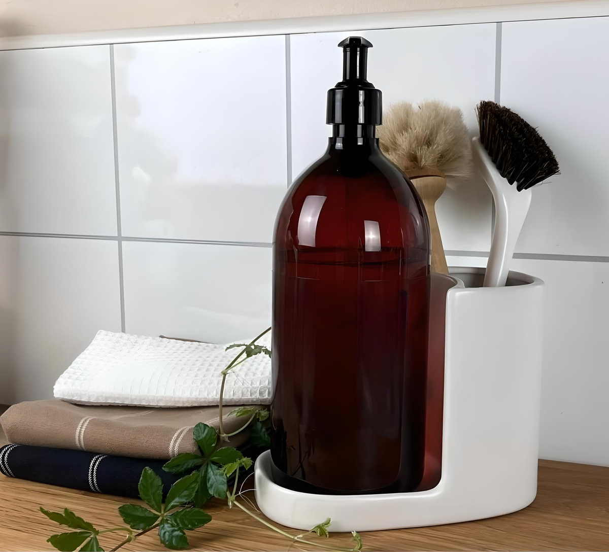 Set of Soap Holder, Dishwashing Brush and Dispenser Bottle - View 2 - Nahia Home